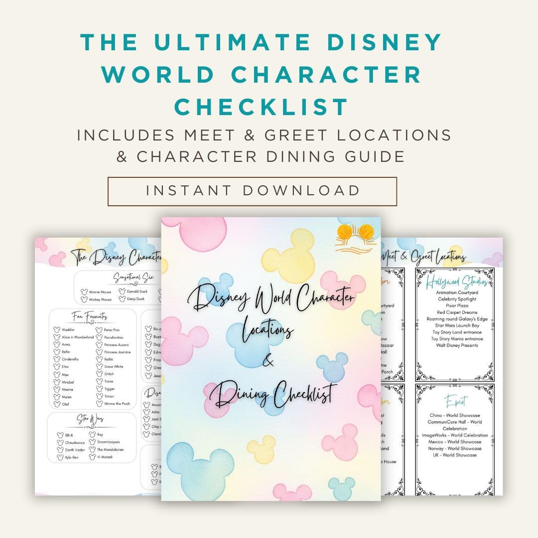 Disney World Characters: Meet and Dine Checklist, Disney Trip Planner, Meet and Greet, Character Dining Info PDF, Digital Download